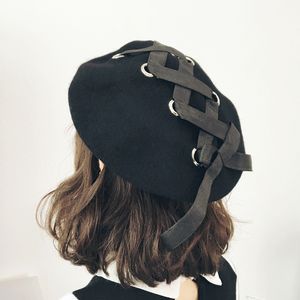 New Doce bonito Boinas Mulheres Chapéus de Inverno suave Macaron cor da fita de lã Lolita Beret clássica suave tiras cruzadas Bow