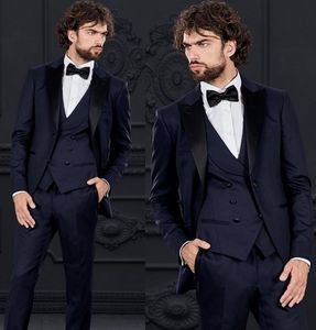Slim Fit Navy Blue Groom Tuxedos Peak Lapel Groomsman Wedding Tuxedos Fashion Men Prom Jacket Blazer 3Piece Suit(Jacket+Pants+Tie+Vest) 866