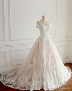 Элегантный Off плеча Blush / Ivory Lace Свадебные платья плюс размер корсета Chic рукавов Свадебные платья сшитое кк