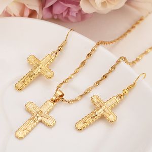 Floral designs gold Filled cross human being Pendant Necklace chain Earrings Christian jewelry sets women girl Best Jesus Gifts