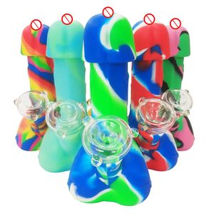 Silicone Dick Penis Smoking Bongs Shatterproof Cool Unique Sexy Wax Concentrate Dry Herbs Tobacco Smoking Water Pipes With Glass Bowl