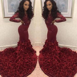 Rose Flowers Burgundy Prom Dresses 2019 Long Sleeves Mermaid Lace Appliques Beads See Through African Formal Evening Party Gowns