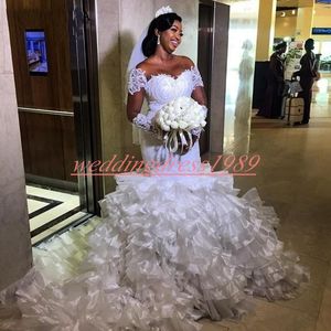 Utsökt Organza Tiered Ruffle Mermaid Bröllopsklänningar Spets Långärmad Sheer African Bridal Gown Train Plus Size South African Bride Dress