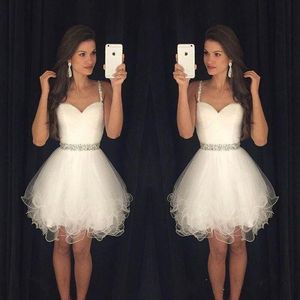 White Tulle Cute Homecoming Dresses Beaded Spaghetti Straps Above Knee Length Tiered A Line Tail Party Prom Gown Custom Made