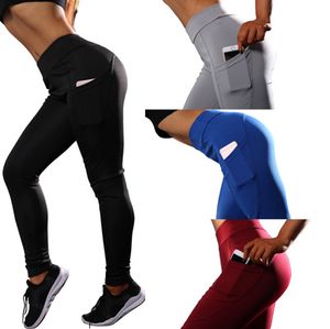 Kvinnors höga midja Yoga byxor med sidotelefonfickor Tummy Control Workout Running Stretch Sports Leggings