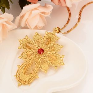 Fine Gold Filled Exquisite Italian Figaro Necklace Chain Solitaire Hollow Flower Ruby Gemstone Fully CZ 18ct GF Pendant