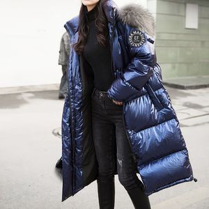 Kvinnors Parkas Vår Vinter Mode Kvinna Långt kapp Varm Ljusstyrka Outwear Med Fur Collar Hooded Cotton Coats Parka