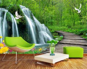 Wallpaper 3d Paisagem Água Corrente e riqueza Cachoeira de madeira cenário romântico Ponte Sonho 3D decorativa Silk Mural Wallpaper