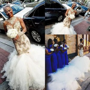 Dubai Chapel Tåg Bröllopsklänningar 2019 Guld Lace Appliques Sheer Long Sleeves Mermaid Bridal Gowns Custom Made Tulle Long Train Vestidos