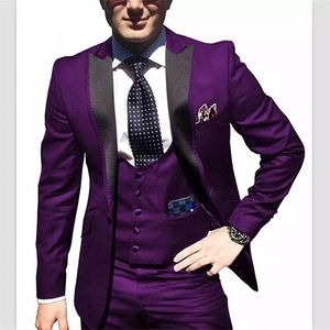 Purple Groom Tuxedos Black Peak Lapel Groomsmen Mens Wedding Dress Excellent Man Jacket Blazer 3 Piece Suit(Jacket+Pants+Vest+Tie) 2215