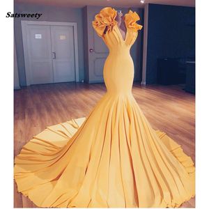 Saudi Arabic Yellow Mermaid Prom Dresses Special Designed Long Prom Gowns Ruffles On Shoulder Abiye Elastic Party Dresses