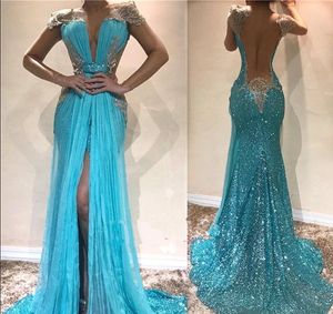 2019 Sexy Blue Sequins Русалка Щелевая Сплит Передняя Вечерние Платья Capped Рукава Платья Выпускного Вечера Блесток Кружева Спинки Театрализованное Платье На Заказ