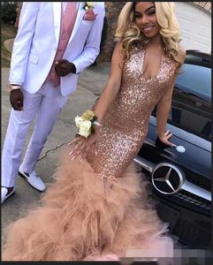 Rose Gold Sequins Prom Dresses Plunging V Neck Chapel Train Tiered Skirt Tulle Custom Made Formal Eevening Gown Vestido De Noche estido