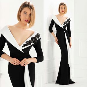 Czarny Zroszony Syrenka Matka panny Młodej Suknie V Neck Długie Rękawy Suknie Wieczorowe Długość podłogi Plus Size Wedding Guest Dress