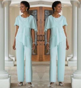 Mother Of The Bride Dresses Pants Suits Wedding Guest Dress Silk Chiffon Short Sleeve Tiered Bride Suits Custom Made