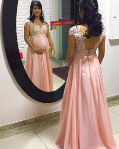 Maternity Lace Beaded Arabic Evening Dresses With Cap Sleeves Pink Chiffon sheer back Prom Dresses Elegant Formal Party Pregnant Gowns