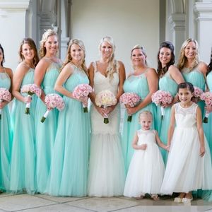 Mint Cheap Green Bridesmaid Dresses Tulle Sheer Neck Halter Floor Length Ruched Pleats Maid of Honor Gown Bech Wedding Guest Wear