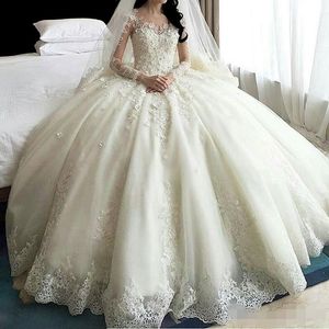 2020 Ball Gown Wedding Dresses Long Sleeves Illusion Lace Applique Tulle Cathedral Train Tiered Ruffles Wedding Gown Vestido de novia