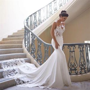 2019 Spaghetti Mermaid wedding dresses Backless Satin Lace Applique Sweep Train Wedding Bridal Gowns vestidos de novia