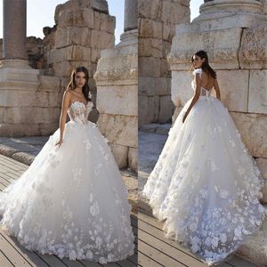 Floral A-line Wedding Dresses Hand Made Flower Lace Appliqud One-shoulder Sleeveless Sexy Backless Bridal Dress Sweep Train Bridal Gown