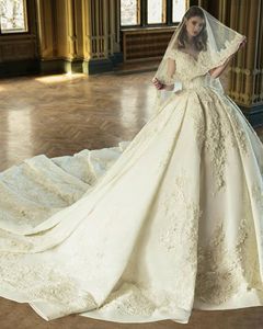 2019 плюс размер кружева бальное платье и империя талии стария старинные роскошные свадебные платья принцесса с бисером с бисером Bling Long Train Bridal Presss