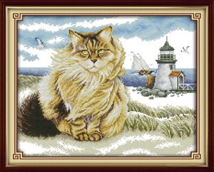 太った猫と灯台クロスステッチクラフトツール刺繍ニードルワークセットキャンバスDMC 14ct 11ctホームデコレーション絵画でカウントされた印刷