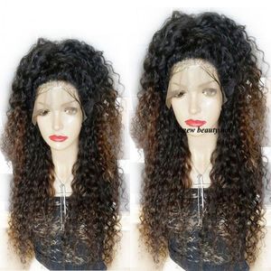 Wolny część ombre brązowy kolor perwersyjna kręcona koronkowa peruka Brazylijskie włosy koronkowe przednie peruki syntetyczne włosy odporne na ciepło dla czarnych kobiet
