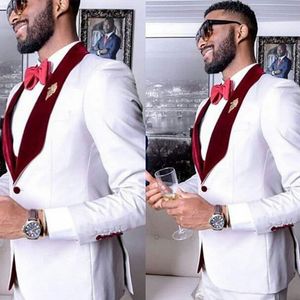 White Groom Wedding Tuxedo Men Suits Pants Man Blazer 3Piece Burgundy Velvet Shawl Lapel Costume Homme Slim Fit Terno Masculino