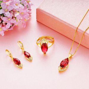 Necklace Womens Pendant Earrings Ring Set Oval Cut Ruby/Emerald Jewelry Set Sparkling Zirconia Inlaid 18k Yellow Gold Filled Accessories We