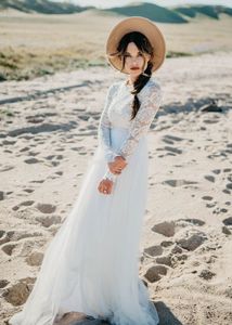 Simple A Line Lace Tulle Boho Wedding Dresses Cheap Illusion Long Sleeve Full Length Beach Country Bridal Gowns Vestidos de novia