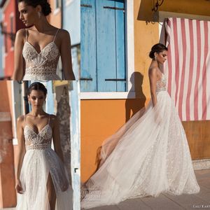 Gali Karten Beach Suknie ślubne Spaghetti Paski koronki Tulle Illusion Split Boho Sweep Pociąg Czeski Birdal Wedding Suknie BM0846