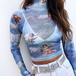 Großhandel Mode Frauen Camisoles Tank Blume Engel Druck Transparent Mesh Sheer Crop Top T-Shirt T Tops