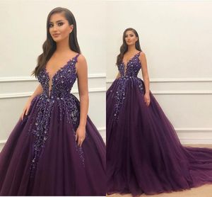 Dark Purple With Silver Long Evening Dresses Ball Gown V Neck Sexy Backless Sequins Beads Tulle Ruched Long Vestidos Prom Gowns Custom