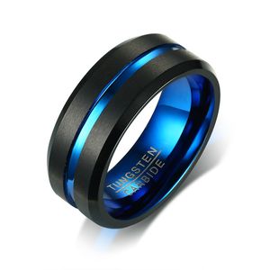 Banda de Casamento Masculina Dois Tom 8mm Anel de Carboneto de Tungstênio Preto para Homens Grooved em Centro Escoado Bordas Beveled Masculino Jóias