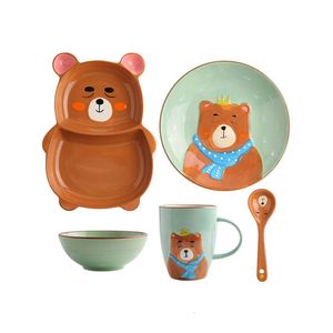 Cartoon Khaki Bear Ceramic Dinnerware Set for Kids Children Toddler Baby Hand Painted Animal Feeding Tray Plates Dish Bowl Mug Spoon