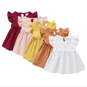 Çocuk Tasarımcısı Giyim Kız Elbise Bebek Fırfır Katı Prenses Elbise Yaz Sinek Kollu A-Line Lotus Yaprak Etekler Butik Giyim PY460