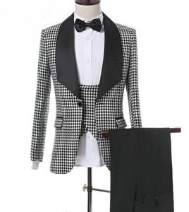 Bomull Houndstooth Groom Tuxedos One Button Shawl Lapel Man Coat Prom Blazer Party Business Passits (Jacka + Byxor + Vest + Bow Slips) J638