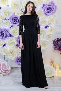 Black Lace Chiffon A-line Long Modest Bridesmaid Dresses With 3/4 Sleeves Jewel Neck Women Rustic Formal Bridesmaid Gowns Modest Sleeved