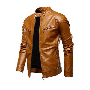 New Outono Inverno PU Lether Jacket Men Retro Casacos manga comprida Fique Collar Brasão Bomber Jacket