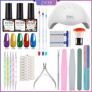 Arte Clavo Jel Lehçe Seti LED Lamba ile Nail Art Manikür Aracı Kiti Tırnak Dosya Fırça Jel Polonya Remover Varnish Lake Islatın