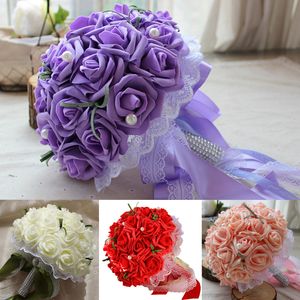 23cm Rose Artificial Flower Bridal Bouquet Bride Flowers Wedding Bouquet Silk Ribbon White Purple Pink Red