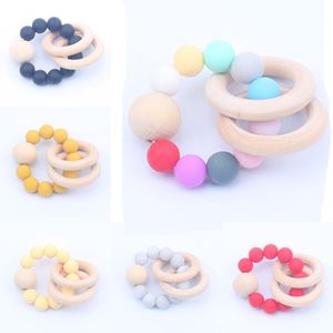 Baby Natural Wooden Teethers Toys Silicone Teether Rattle Baby Heath Accessories Infant Fingers Exercise Colorful Teething Ring Play Toys 04