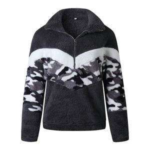 Fashion-patchwork pullover a maniche lunghe Zipper Sherpa Felpa morbido pile mimetico camo Outwear con tasche Top Hoodie cappotto LJJA2862