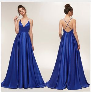 Königsblaues, sexy Abendkleid, Satin, Spaghettiträger, gerüscht, rückenfrei, lange, elegante formelle Abendkleider, Party-Kleider für besondere Anlässe