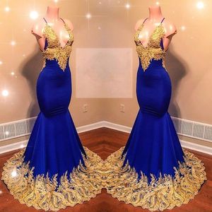 2019 Spaghetti Straps Satin Mermaid Long Prom Dresses Royal Blue Lace Applique Backless Sweep Train Formal Party Evening Gowns BC0622