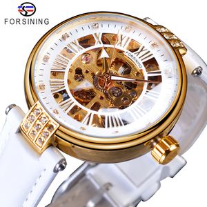 ForSining White Golden Mechanical Automatic Top Brand Lady Wrist Watch Skeleton Clock Women äkta läderklänningskläder