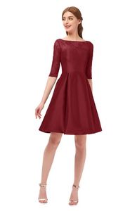 Dark Red Lace Satin Short Modest Bridesmaid Dresses With Half Sleeves A-line Knee Length Informal Semi-Formal Wedding party Dreses Modest