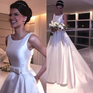 2024 Arabic A Line Wedding Dresses Scoop Neck Satin Sleeveless Sashes With Bow Sexy Open Back Sweep Train Simple Cheap Formal Bridal Gowns 403