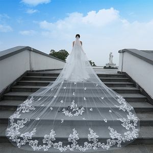 設計された結婚式のベールの白い象牙の柔らかいレースのアップリケ大聖堂の長さのアップリケの亀裂の花嫁ベールのブライダルの髪と櫛