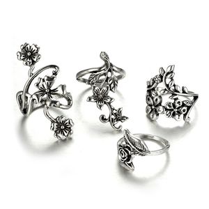 Partihandel-Vintage Silver Midi Ringar Set Smycken För Kvinnor Flickor Gåvor Fashion Retro Rose Blomma Form Blommig Knuckle Ring 4PCS / Set